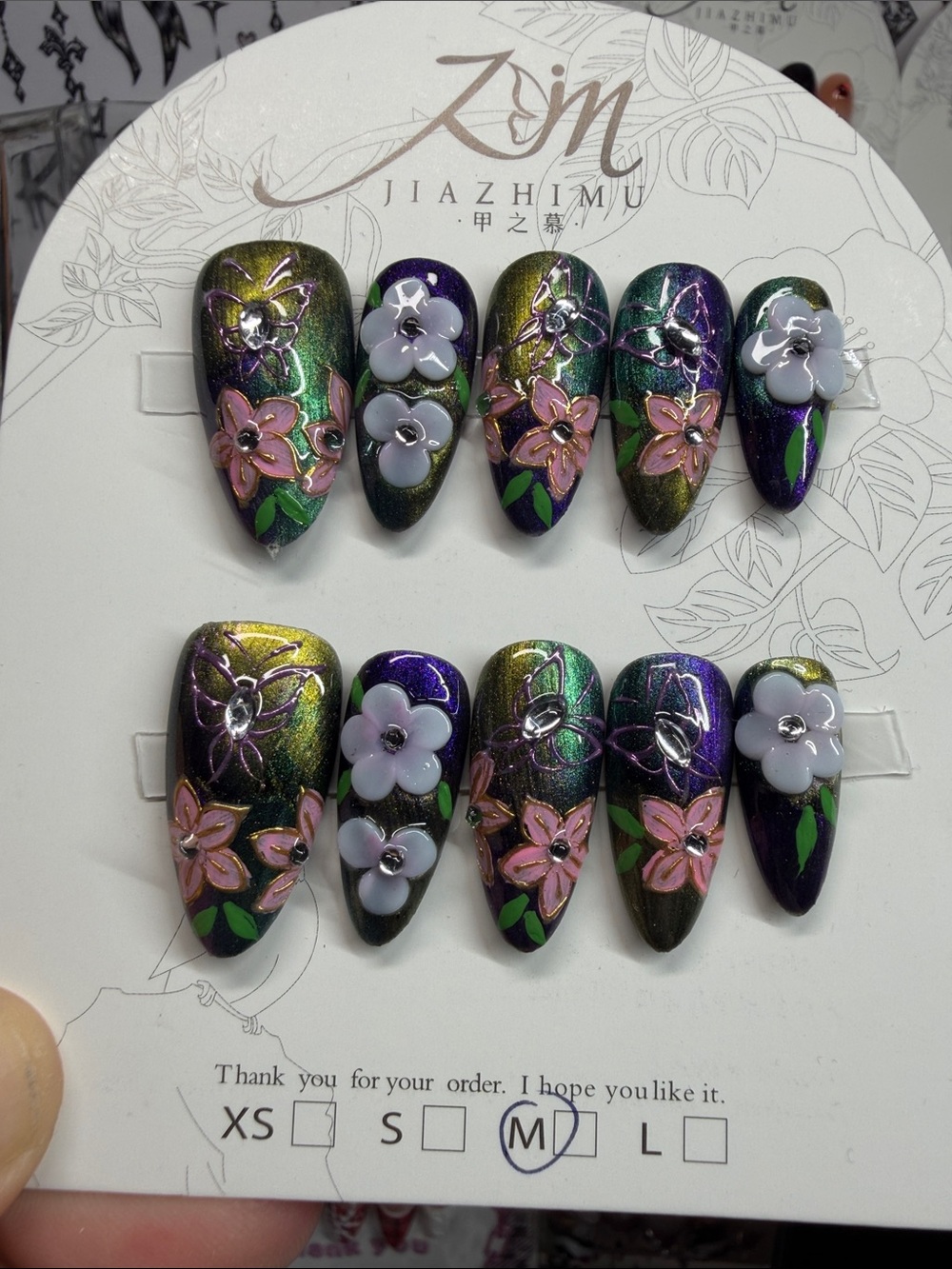Multichrome Green-Purple Floral Statement Ring Set by JIAZHIMU